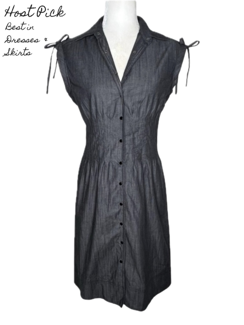 Calvin Klein Dress Chambray Sheath Midi Snap Front Cap Sleeve Black 4 Small S